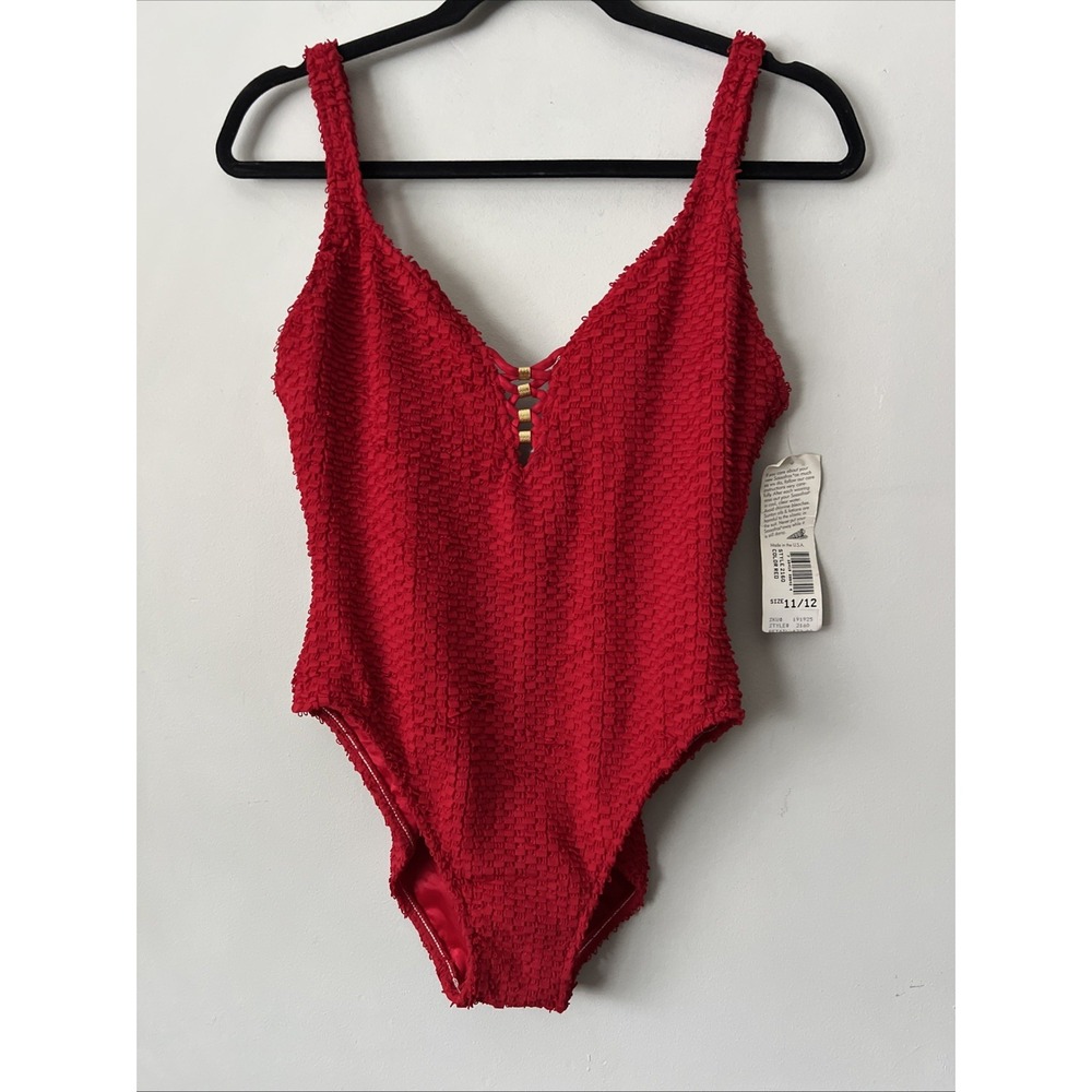 Vintage 80's/90's Sassafras Textured Red One Piece Swimsuit Size 11/12 USA Sexy